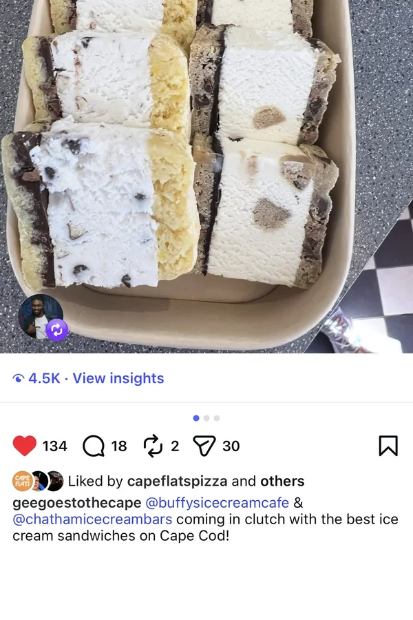 A takeout tray of halved ice cream bars showing their layers